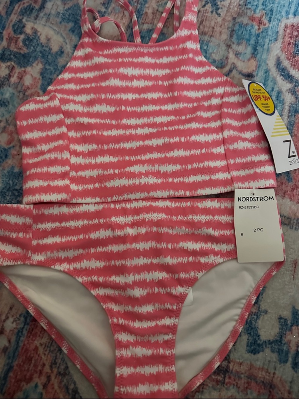 Nordstrom Girls' Coral and White Striped One-Piece Swimsuit